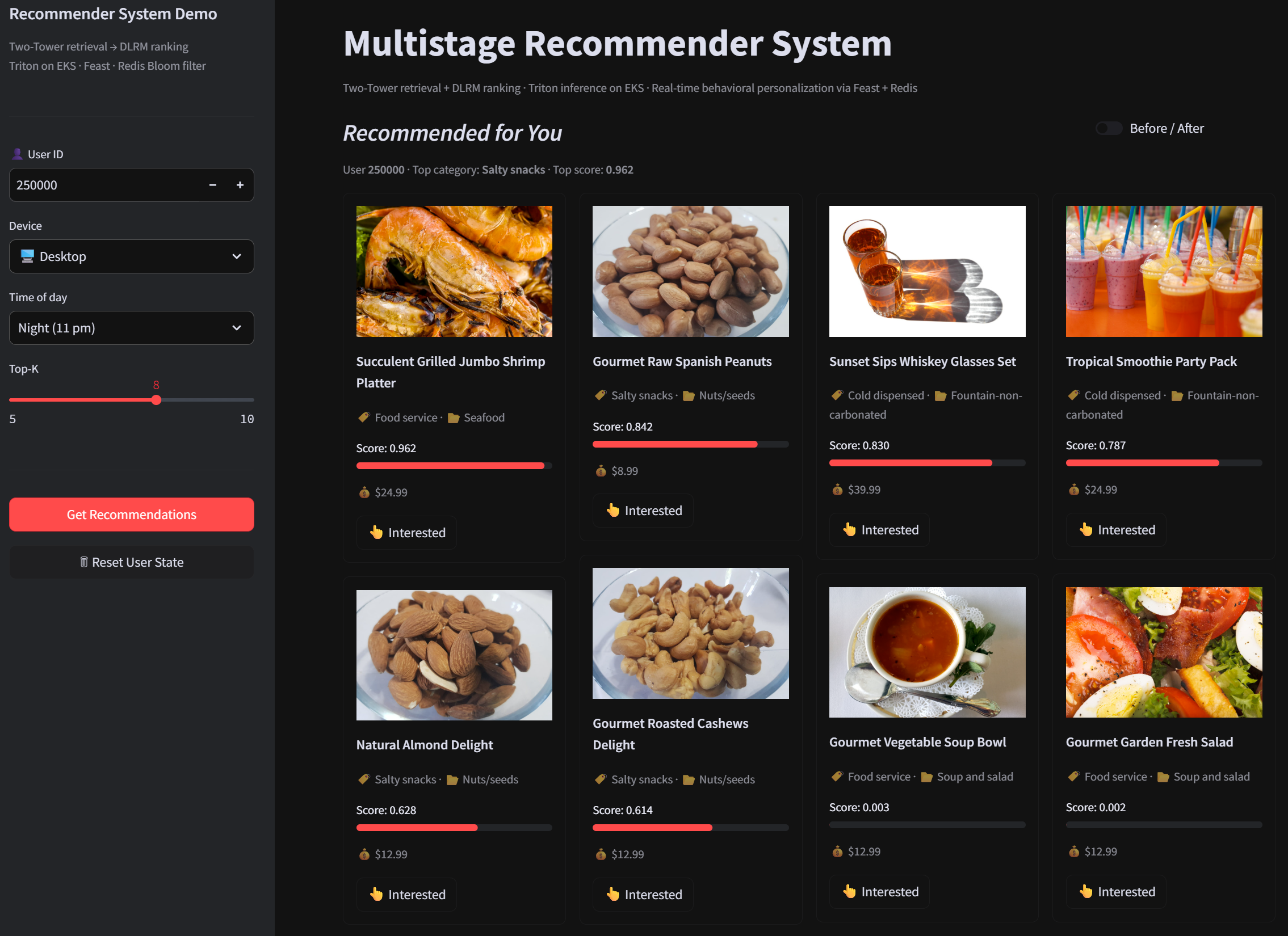 Interactive multistage recommender system demo with user, context, Top-K controls, scores, and recommendation cards