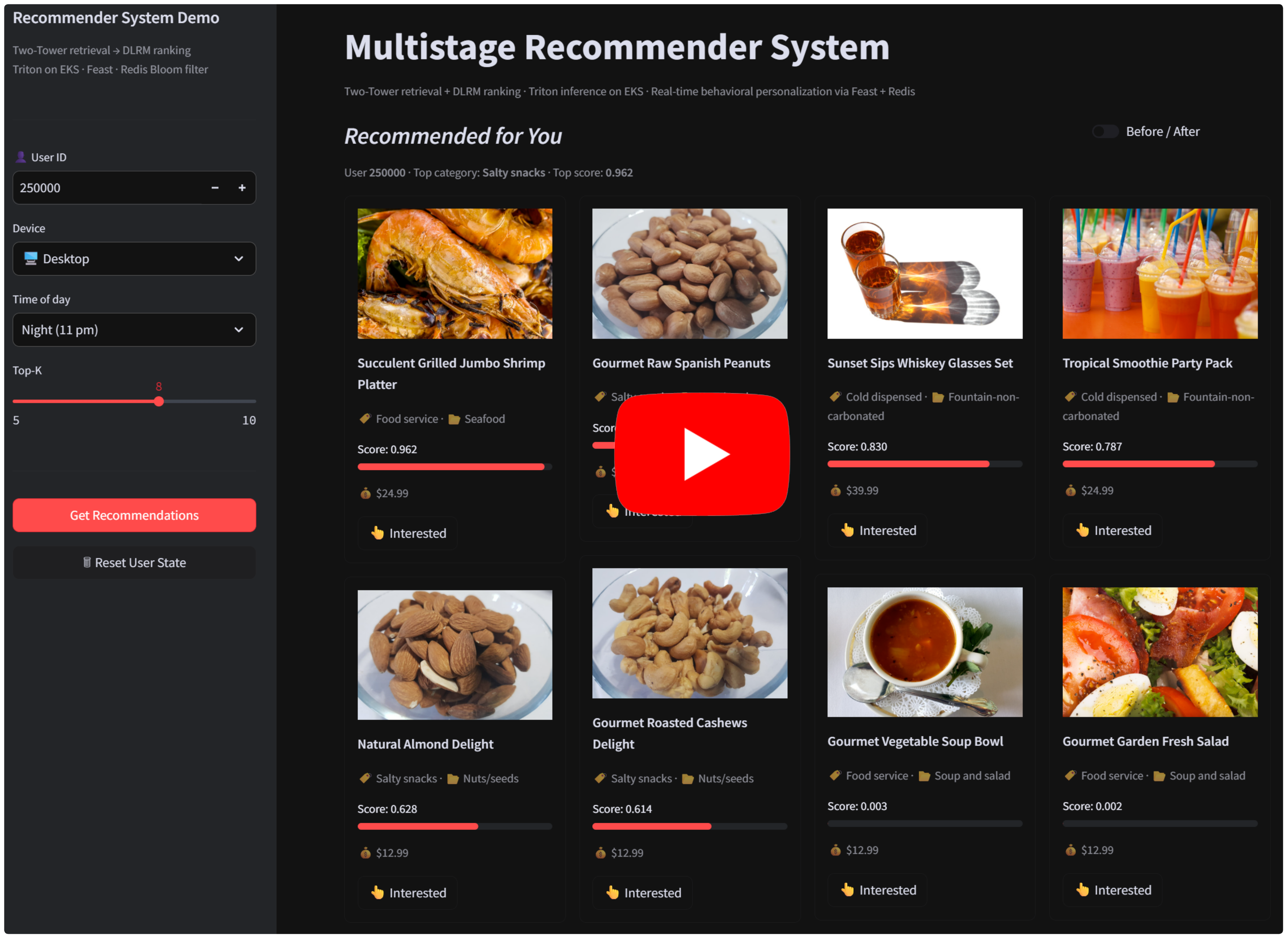 YouTube thumbnail for the interactive multistage recommender system demo with user, context, Top-K controls, scores, and recommendation cards